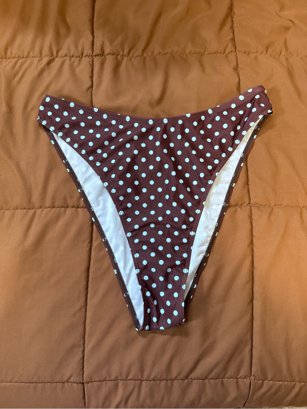 Shein high-cut high waisted brown and light blue polka dot bikini bottoms, SZ 1X